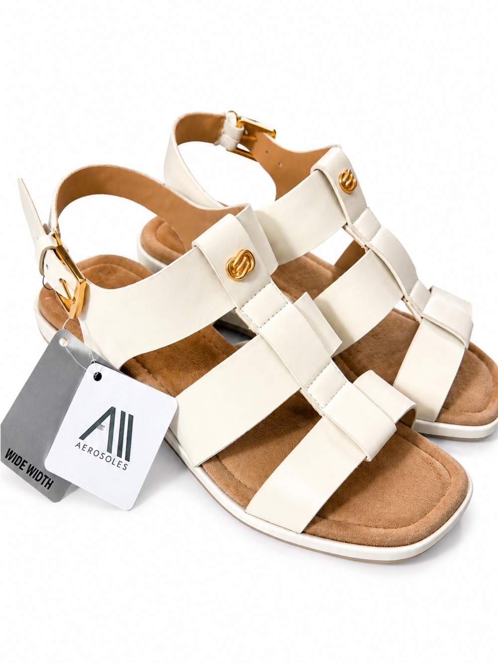AEROSOLES Cream Strappy Wide Width Sandals with Gold Accents